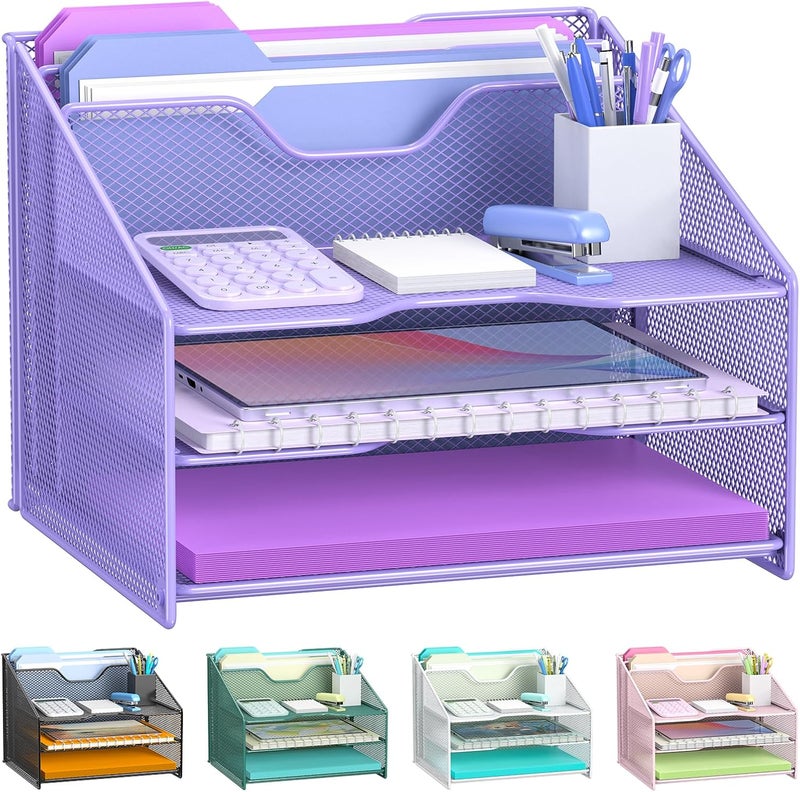 Samstar Purple Desk File Organizer, Mesh Letter File Folder Holder with 3 Paper Trays and 2 Vertical Upright Section, for Office Supplies, Desk Accessories & Workspace, Purple - Image 1
